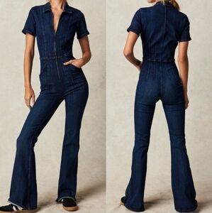 Free People Jayde Denim Flared Jumpsuit- Night Sky Dark Wash NWT